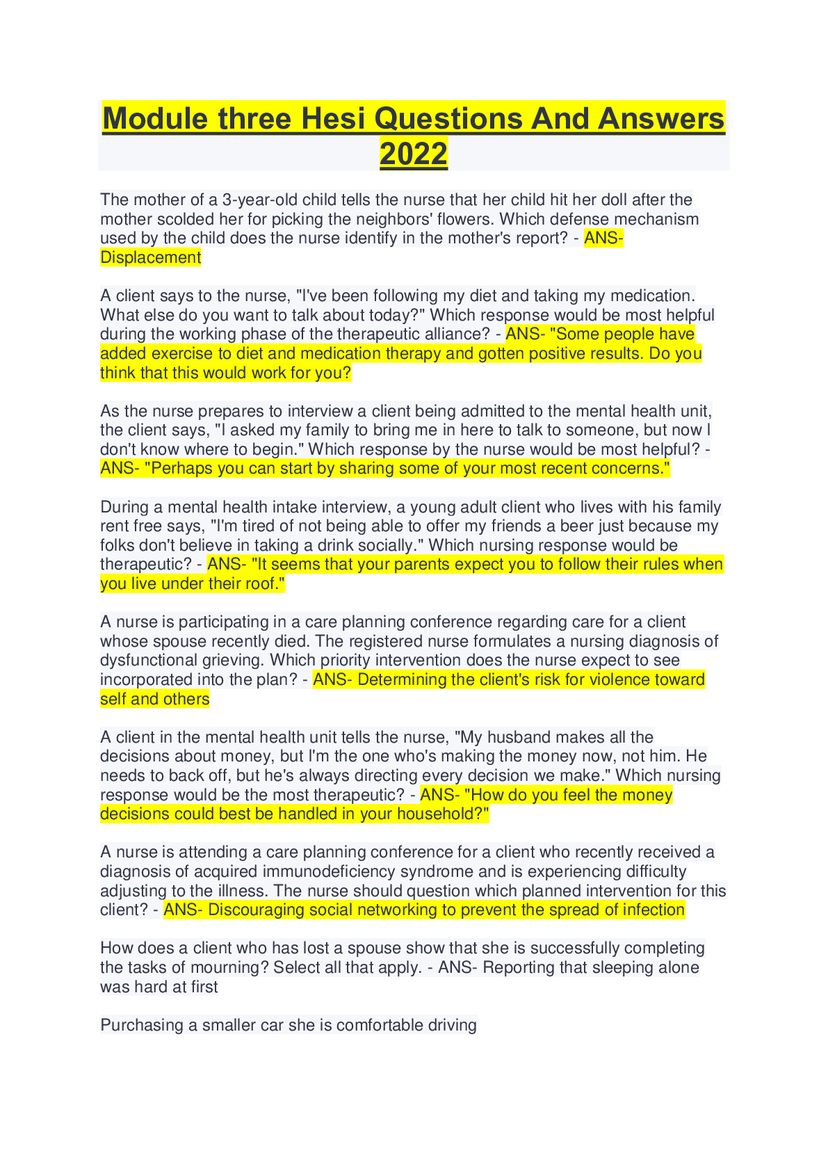 Preview image for Module three Hesi Questions And Answers  2022